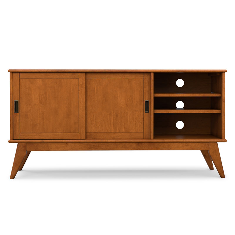 Draper 60"W Solid Hardwood Mid-Century Modern Medium TV Stand for TVs up to 65" with Sliding Doors, Teak Brown