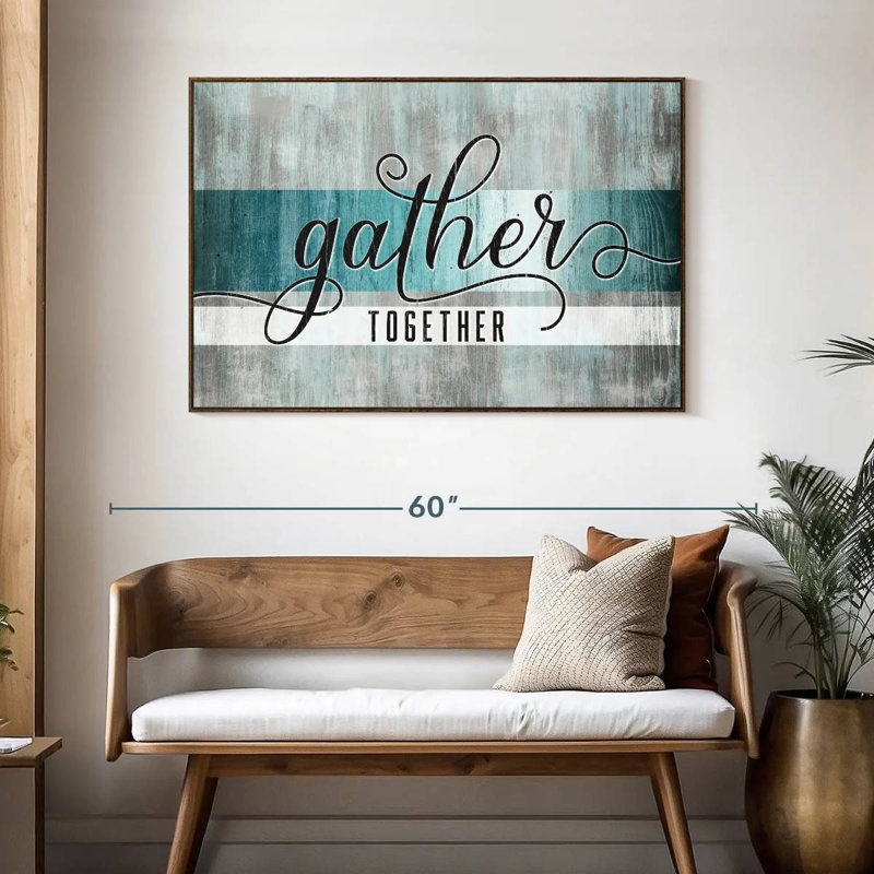 «Gather Together», typographie grunge, 46 po x 31 po, Cadre flottant noyer