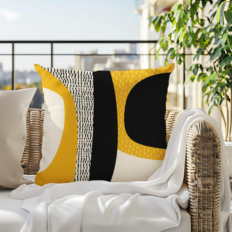 Coussin carré intérieur / extérieur pia, H 17 po x l 17 po, Jaune / noir / blanc cassé