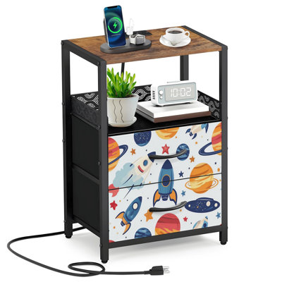 2 Fabric Drawers Night Stand with Charging Station Space Cartoon Planets Rockets Planets Stars UFOs Space Bedroom Bedside Table End Table with Open Shelf USB Ports and Outlets