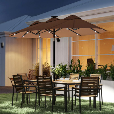 Parasol à double face de 9,7 pi avec lumières solaires à DEL, parasol d'extérieur avec inclinaison et manivelle, grand abri de jardin à 12 nervures pour patio et jardin