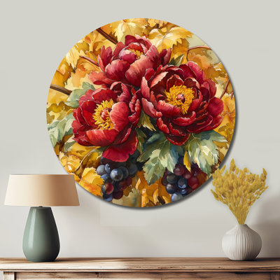 Pivoines et vigne d'automne II - décoration murale traditionnelle en métal rouge, pivoines rondes en métal