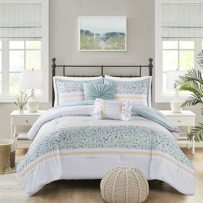 Édredon imprimé en seersucker avec 2 coussins décoratifs - literie Shabby Chic en blanc 5 pièces