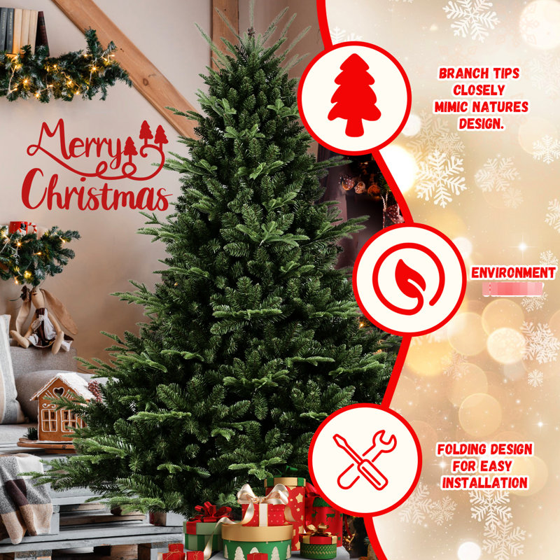 Arbre de Noël complet de 6 pi avec 1673 pe / base large et mixte pour un grand impact dans les grandes pièces, structure à charnières simplifiant la décoration, support en métal avec des pointes réalistes, naturel audacieux