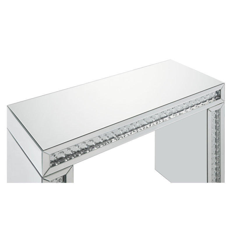 Mirrored Faux Crystals Vanity Desk, Sled Base With 4Mm Clear Glass, Beveled Finish, , 16.44 In Deep, 45.05 Wide, 87.33 Lb Desk Stool, Glass Inlay, Depth, Width