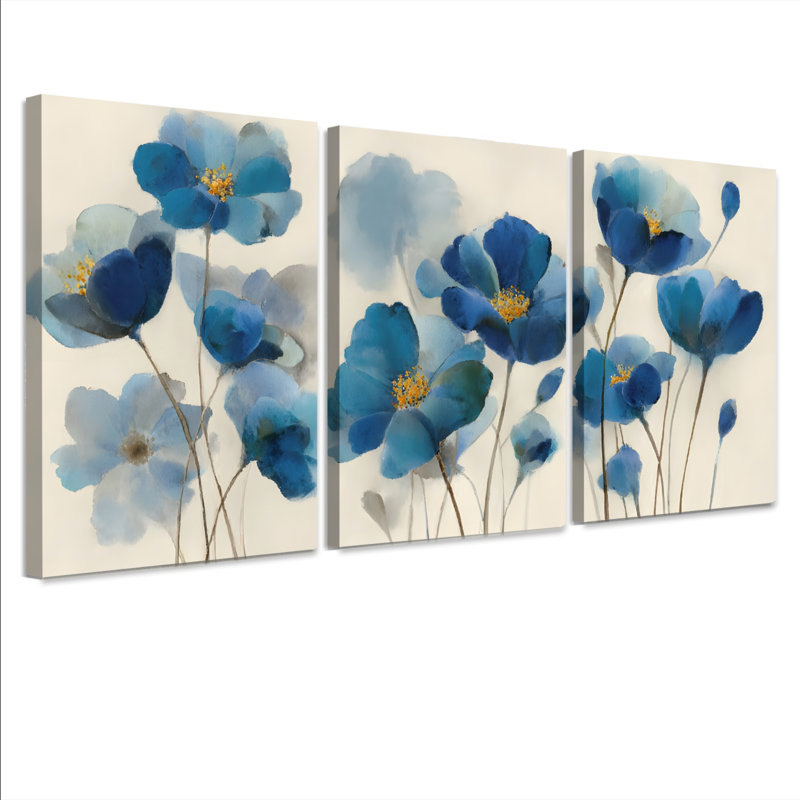 "Blue Floral", reproduction d'art sur toile abstraite (ensemble de 3), H 36 po x l 72 po