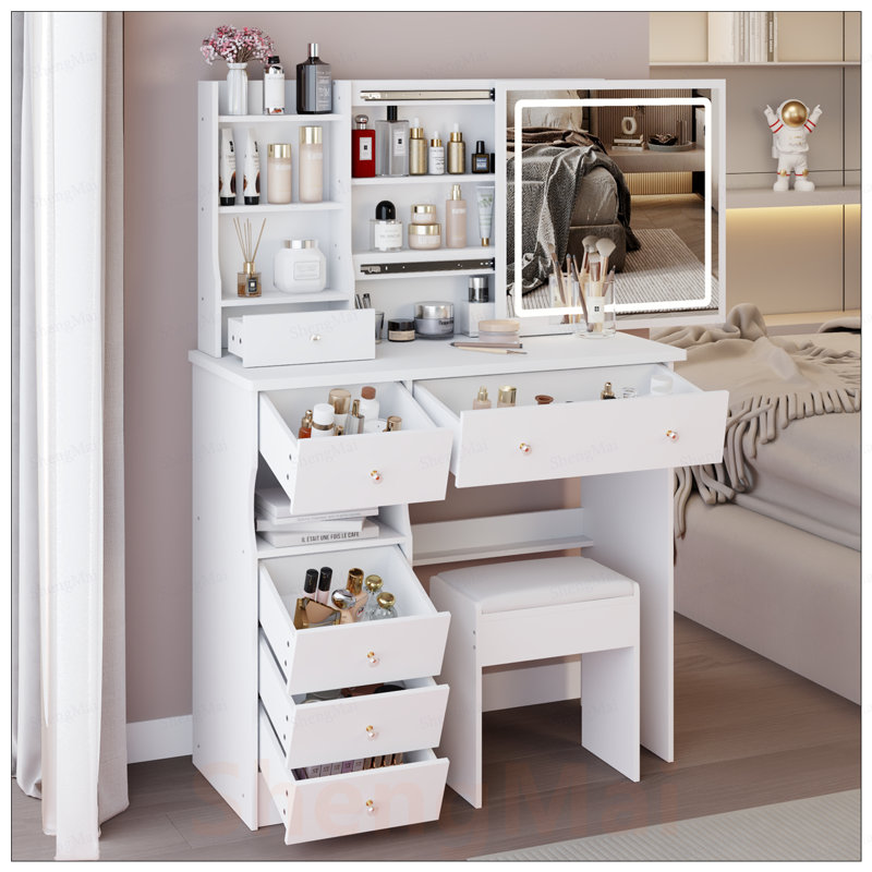 Meuble-lavabo de luxe à tiroir de gauche avec miroir coulissant à DEL, douilles intégrées et tabouret rembourré, White