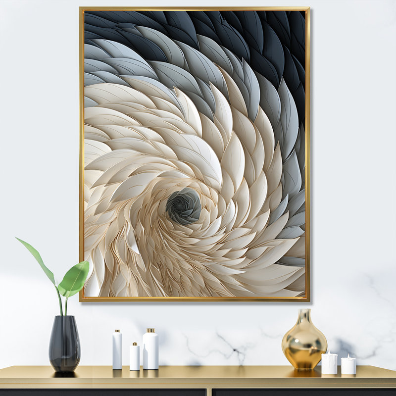 Plume blanche et bleue en spirale I - art mural géométrique, Cadre flottant doré, H 40 po x l 30 po x P 1,5 po