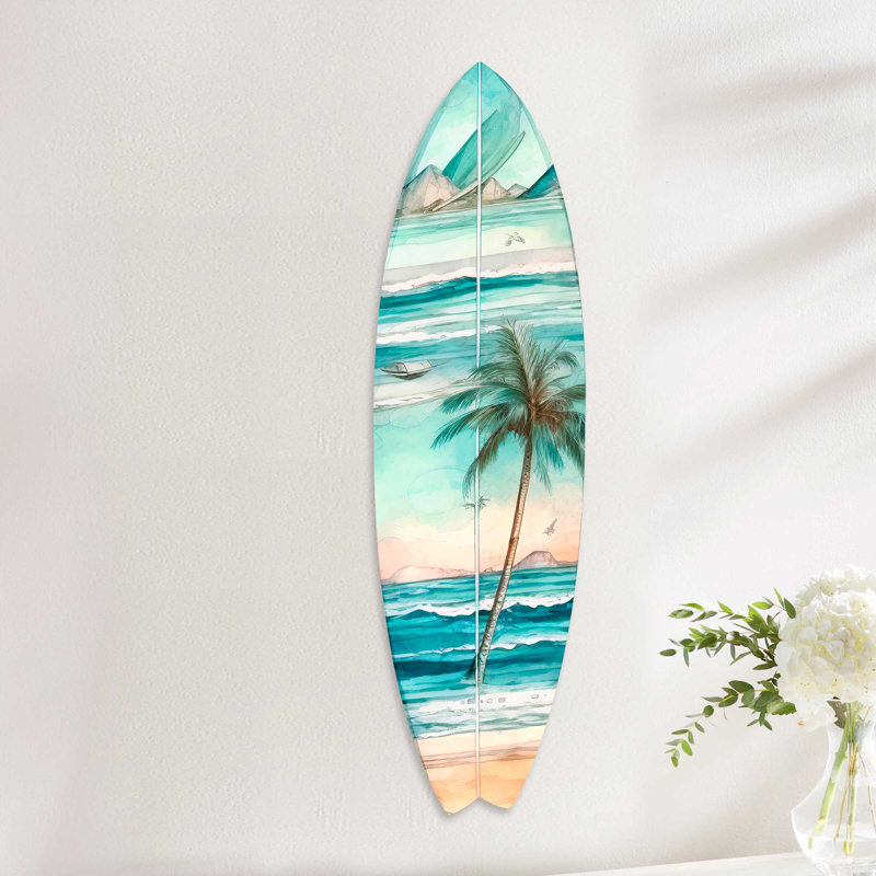 Small Tropical Palm Surfboard Coastal Wall Art in Birchwood