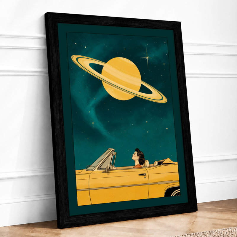 Saturn and the Yellow Convertible Retro - Framed Print, A2 - 59.4 x 42.0 cm, Black