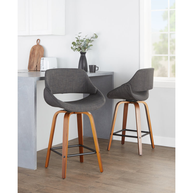 Najrin 26" Fixed-Height Fabric Counter Stool with Bent Wood Legs & Square Footrest (Set of 2), Charcoal
