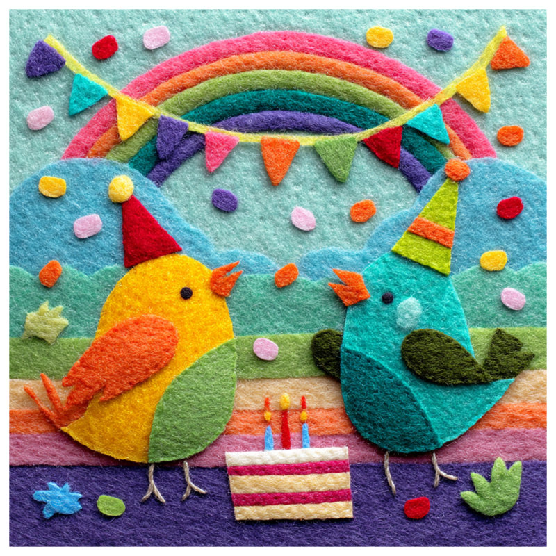 Tapisserie murale oiseaux en feutre avec arc-en-ciel - Anniversaire, H 68 po x l 80 po avec 4 œillets