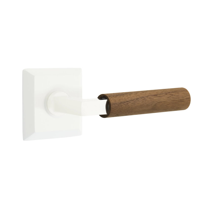 Emtek Select Passage Leverset w/ Quincy Rosette & L-Square Stem, Dark Walnut Handle, Left, Matte White