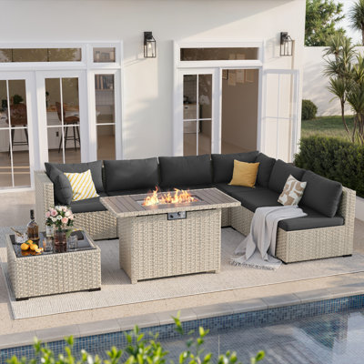 8-Piece Patio Conversation Set With Fire Pit Table, Coffee Table, And Cushions