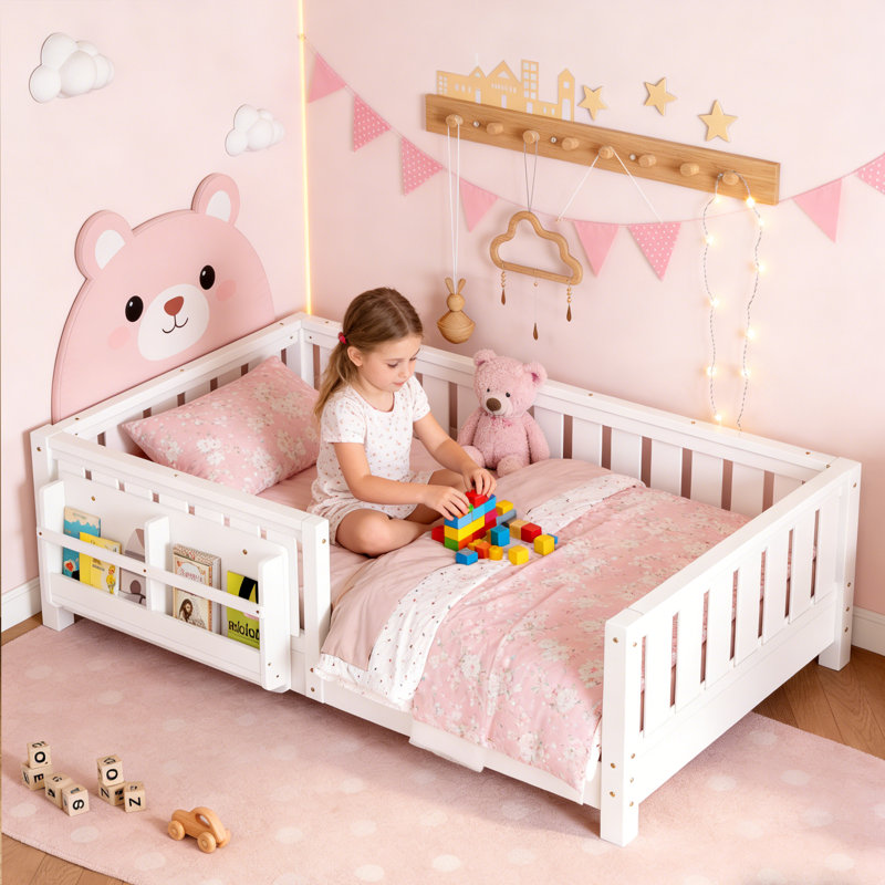 White Queen Montessori Floor Bed, Sturdy Wood Support, No Box Spring Needed, Easy Assembly, White, Queen