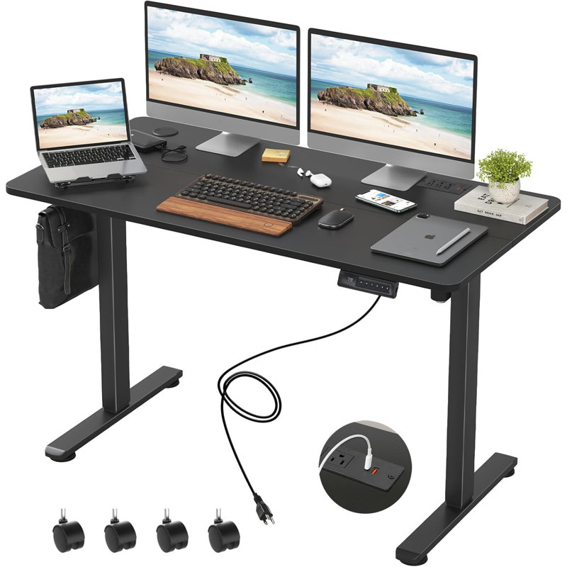 Bureau debout électrique à hauteur ajustable avec ports USB et prises de courant, roulettes verrouillables, grand tapis de souris