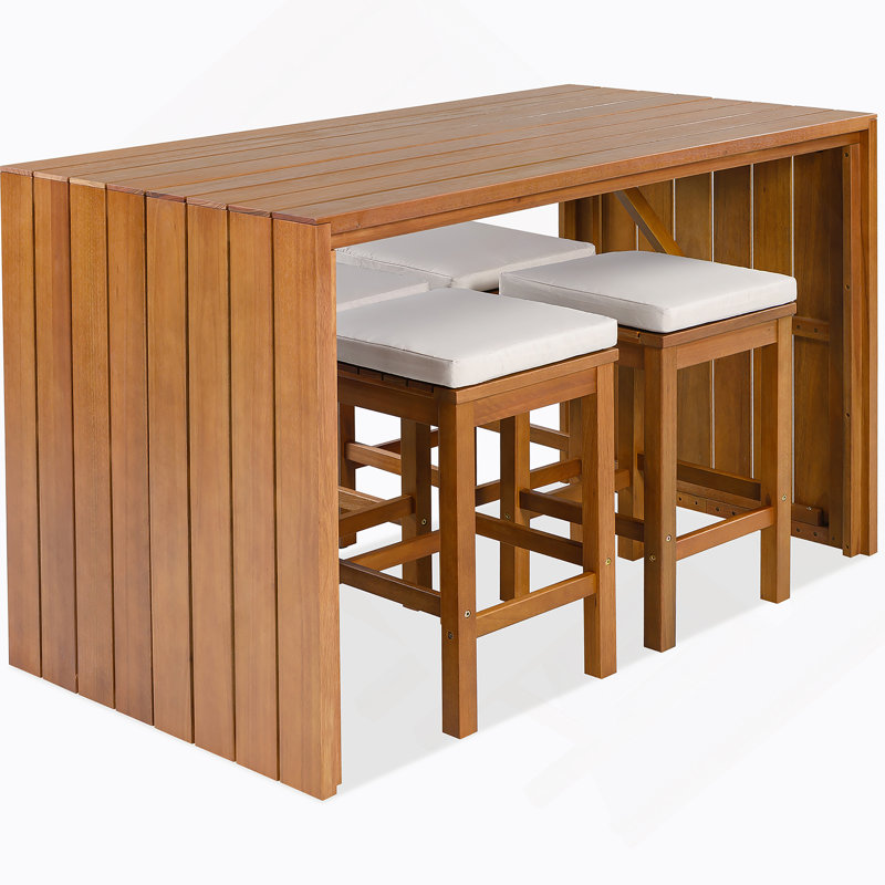 Ensemble de bar extérieur 5 pièces, table de salle à manger en bois de patio et quatre tabourets avec coussins pour la cour, le bord de la piscine et le balcon
