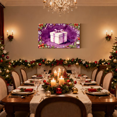 Boîte de cadeau de Noël avec ruban mauve et décorations d'hiver, ensemble de 3 impressions sur toile