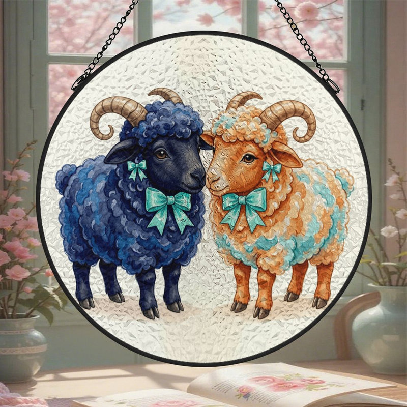 Panneau rond en vitrail représentant un mouton pelucheux, attrape-soleil pour la décoration de fenêtre