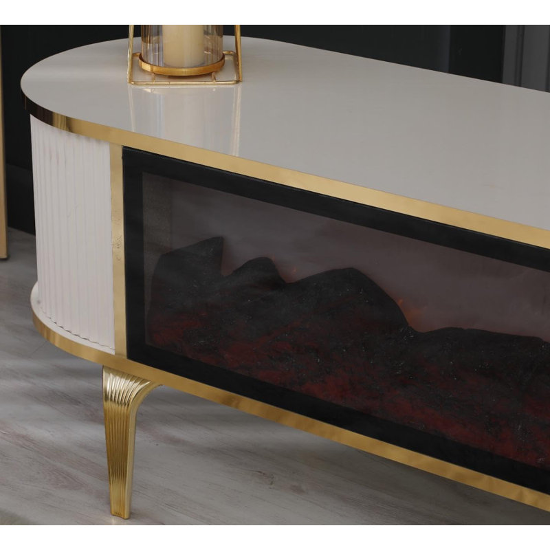 Unfinished TV Stand for TVs up to 88" with Fireplace Included, White/Gold