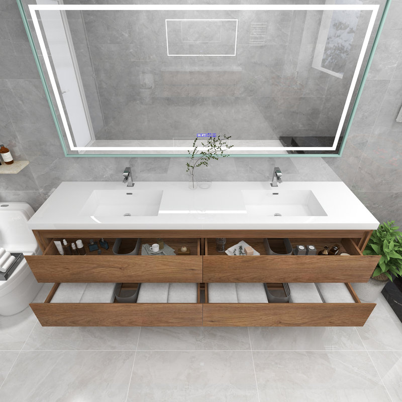 Azden 84" Wall-Mounted Double Bathroom Vanity Set, Teak Oak