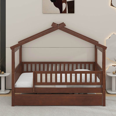 Twin wooden house bed with trundle