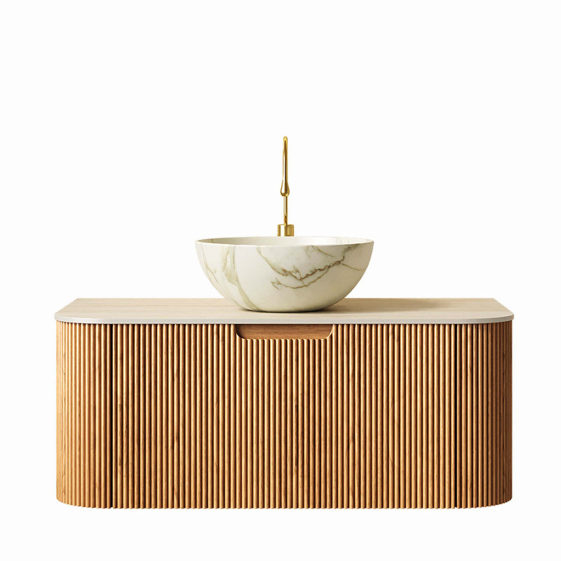 Meuble-lavabo flottant à rayures, Beige, blanc pierre, Bois naturel