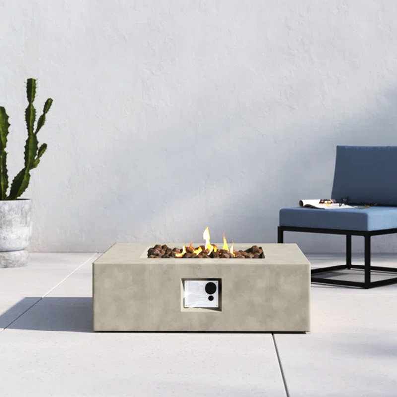 Foyer d'extérieur en béton de 12 po de hauteur - rectangulaire, remplisseur de pierre de lave, table de salon profilée, compatible avec le propane et le gaz naturel