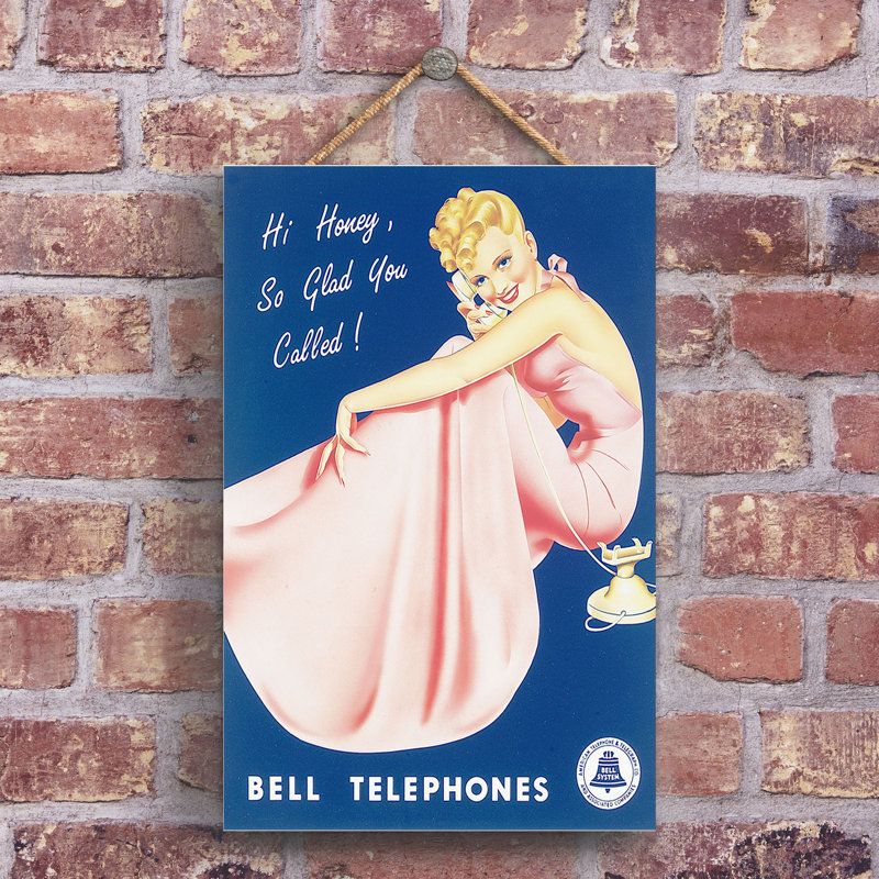 Bell Telephones Vintage Retro Poster Design On Wooden Plaque