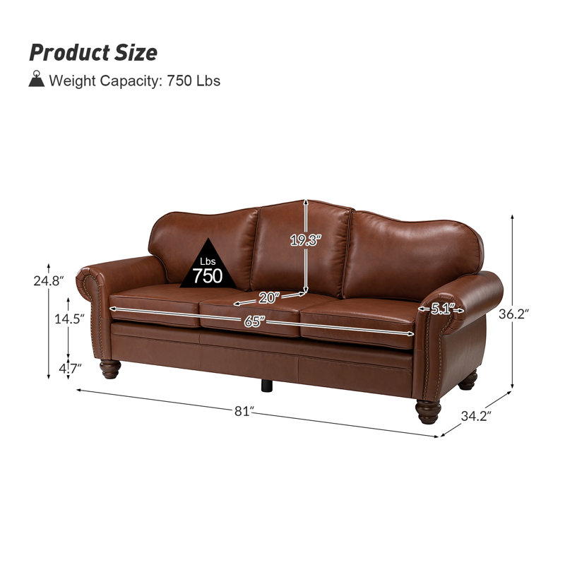 Damore 81'' Wide Genuine Leather Sofa, Brown