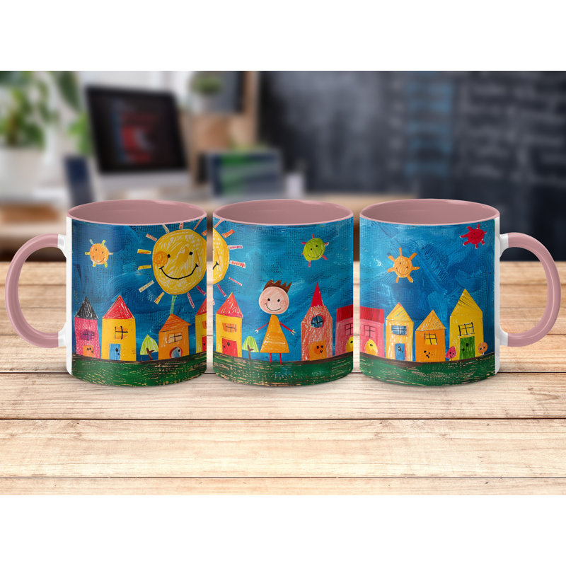Kids Drawing Style 11oz Accent Mugs – Ceramic Coffee Cup with a Pink Handle and Interior