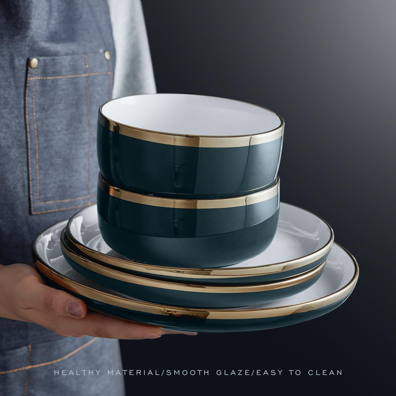 Green and White Porcelain Dinnerware Set with Gold Rim, Service for 4