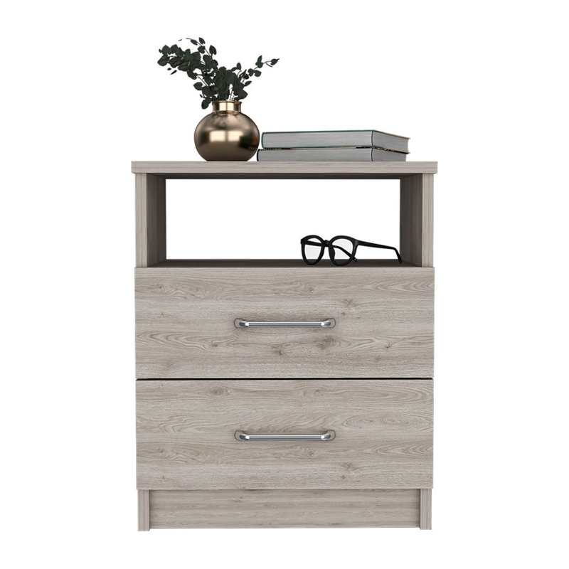 Nightstand Olienza, Two Drawers, One Shelf, Light Grey Finish, Light Grey