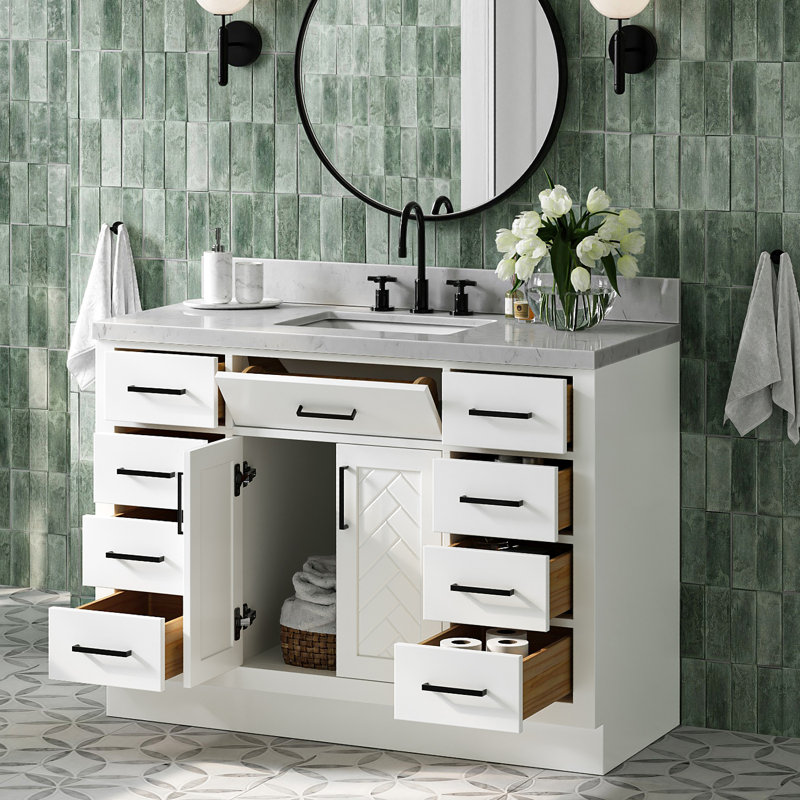 Ensemble de meuble-lavabo rectangulaire simple 48 po avec comptoir en quartz blanc Carrara, Rectangulaire, Blanc