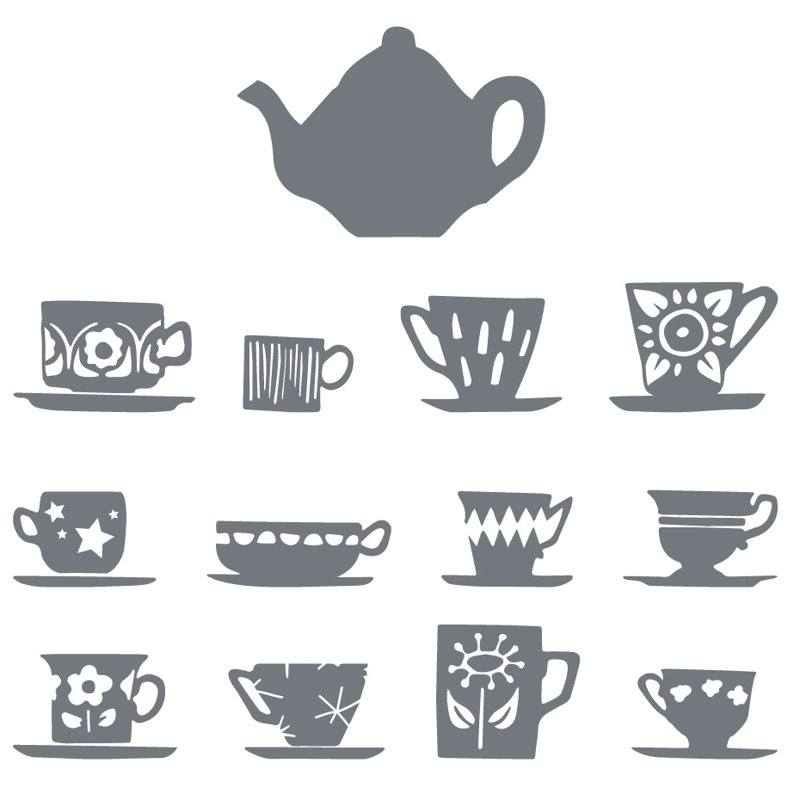 Décalcomanie murale tasses de thé, H 23 po x l 24 po x P 0,01 po, Gris orage