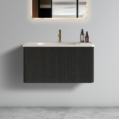 Etna30w-308 Etna 30" Striped Brushed Black Oak Floating Bathroom Vanity With White Ceramic Sink, Bathroom Vanity For Modern Bathroom, One-Piece White Basin Without Drain, Pre-Assembled