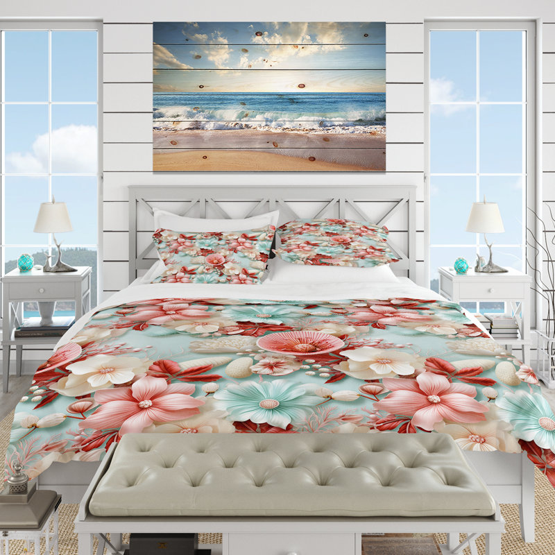 Literie à motif tropical Seashell Whispers, Housse de couette pour très grand lit et 2 très