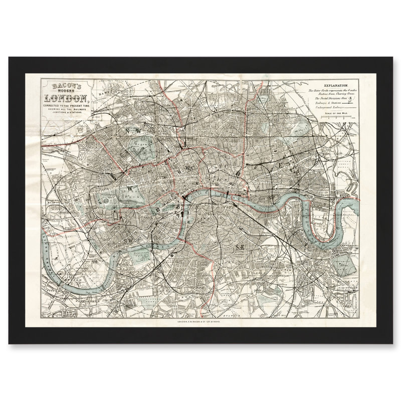 Map Bacon 1883 Modern London City England - Single Picture Frame Print
