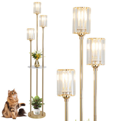 Gold Floor Lamps For Living Room, Modern Floor Lamp With Shelves, Crystal Standing Lamps With Table, Brass Tall Lamp With Crystal Shade, On/Off Switch