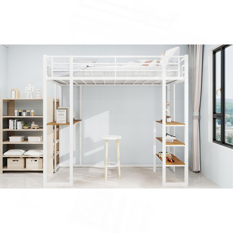 Lit à structure en fer avec lit et table, lit pour enfants et adolescents avec bureau en forme de L, lit à structure en fer avec rampe et escalier, avec des escaliers des deux côtés peut être placé n'importe où