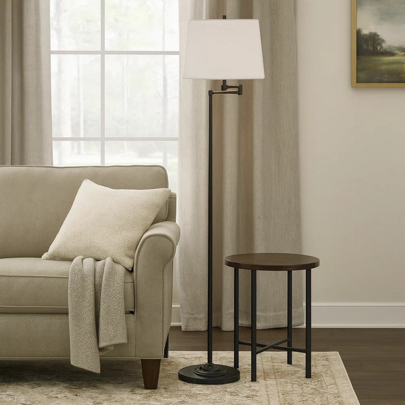 Tomi 63 Inch Floor Lamp, Double Swing Arm, Brushed Steel, White Shade, Bronze