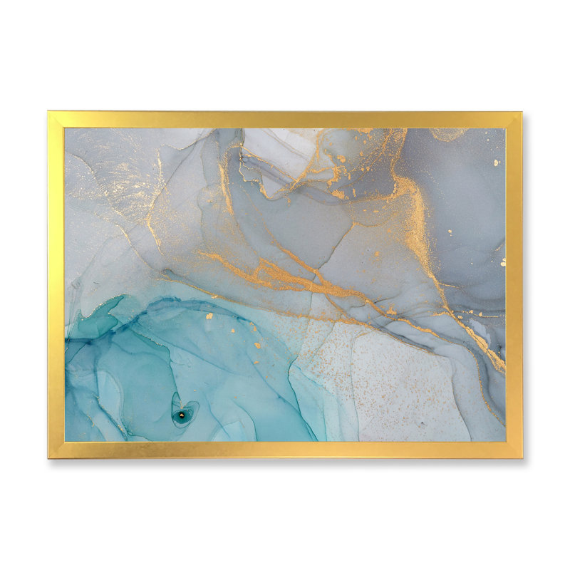 Encre liquide turquoise et bleue - Peinture sur toile, H 16 po x l 32 po, Impression encadrée, Doré
