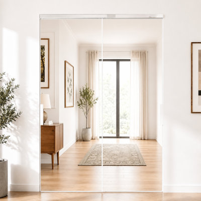 Modern Aluminum Frame Sliding Mirror Closet Door with Full-Length Mirror Panel & Mirrored Header Space-Saving Wardrobe Door for Bedroom Walk-In Closet