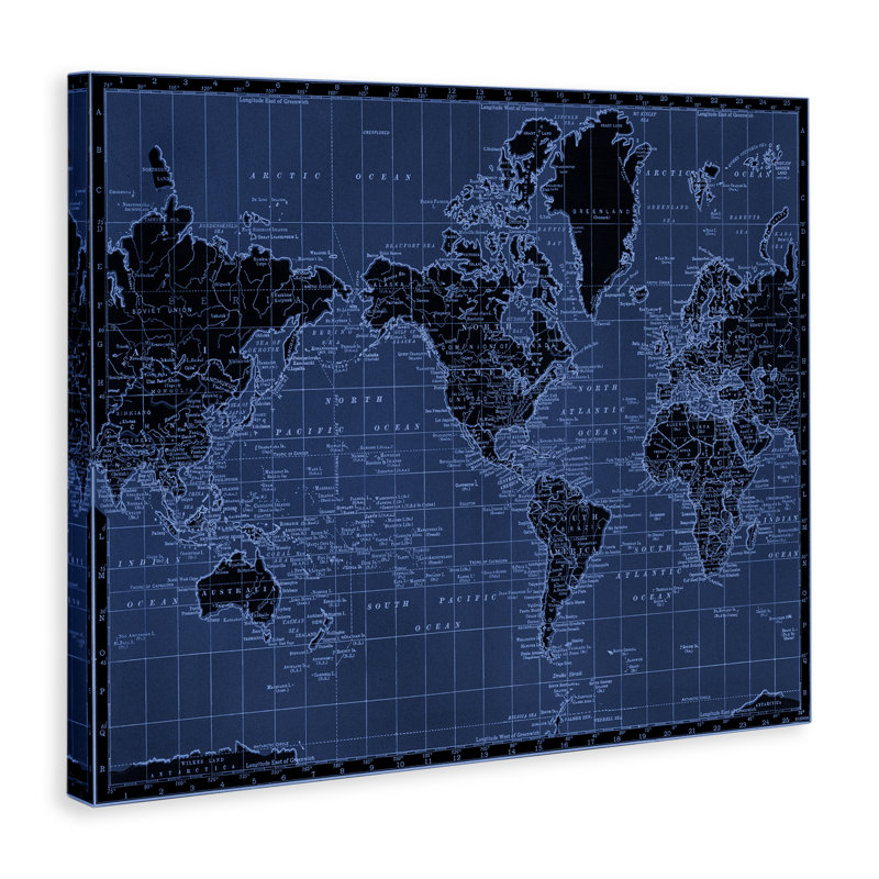Carte du monde aux tons bleus, conception de Phillipa Katz, H 16 po x l 20 po