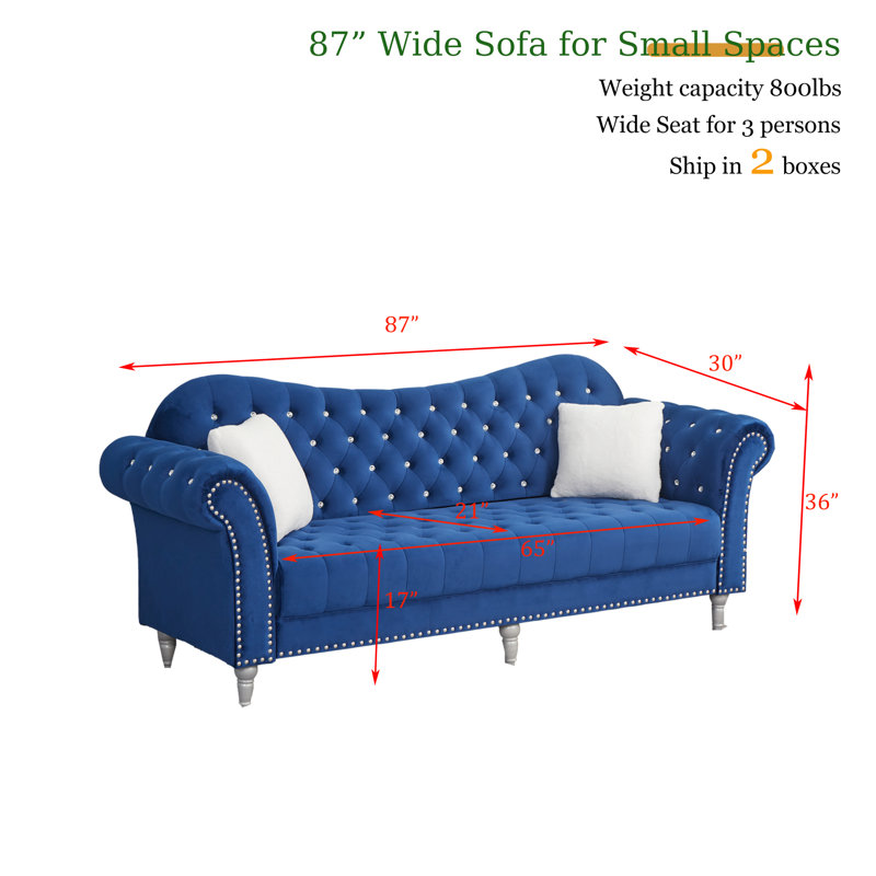 87" Velvet Sofa, Chesterfield Sofa With Rolled Arm And Solid Wood, Navy Blue