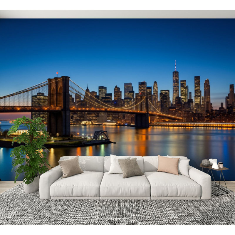 Papier peint adhésif auto-adhésif Brooklyn Bridge Dusk New York City Skyline Reflections Cityscape, L 144 po x l 100 po