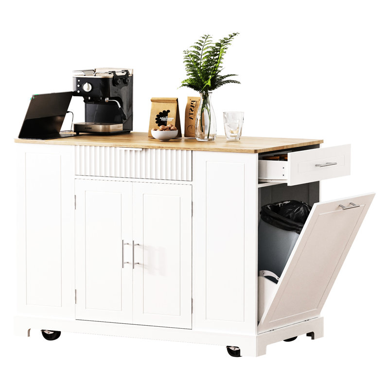 Kitchen Island With 10 Trash Can Space, 3 Drawers, Open Shelves, Power Outlets, White Design Cart Adjustable Side , Ports