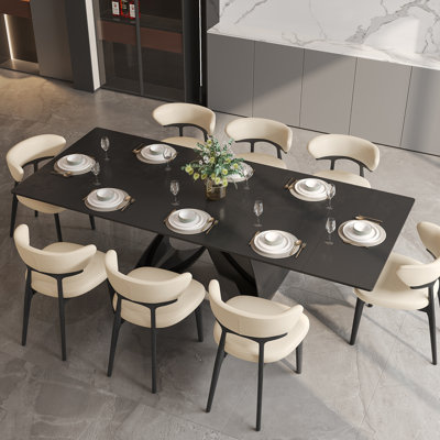63 po - 94,5 po Table de salle à manger extensible rectangulaire en pierre frittée avec pieds en acier, table de salle à manger moderne noire avec repose-pieds réglables Siège 6-8