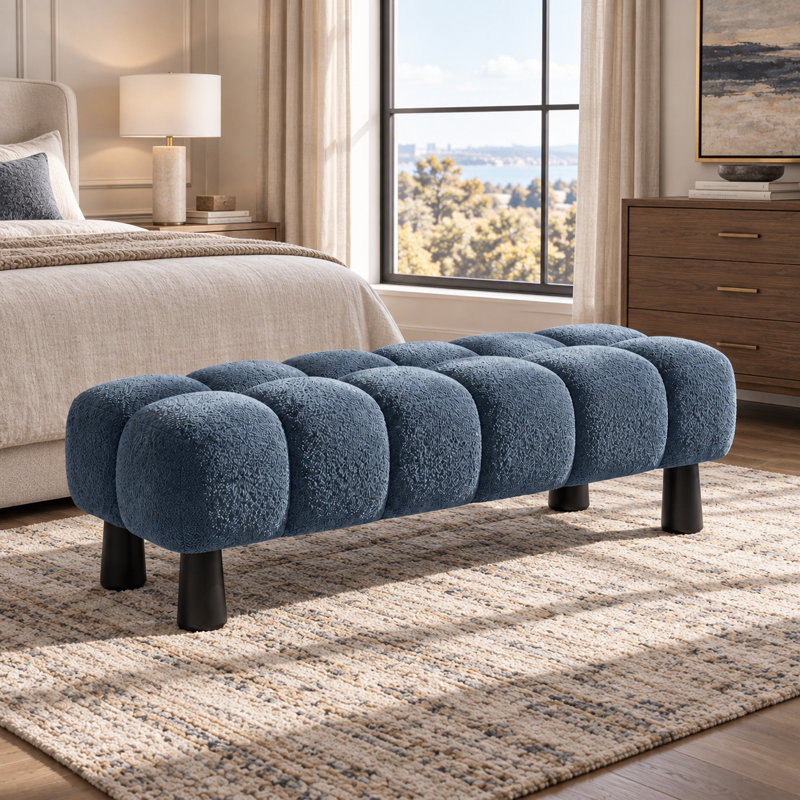 Fabric Upholstered Bench, Bleu