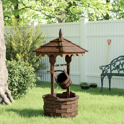 Old-Fashioned Weather-Resistant Brown Wooden Wishing Well Outdoor Water Fountain